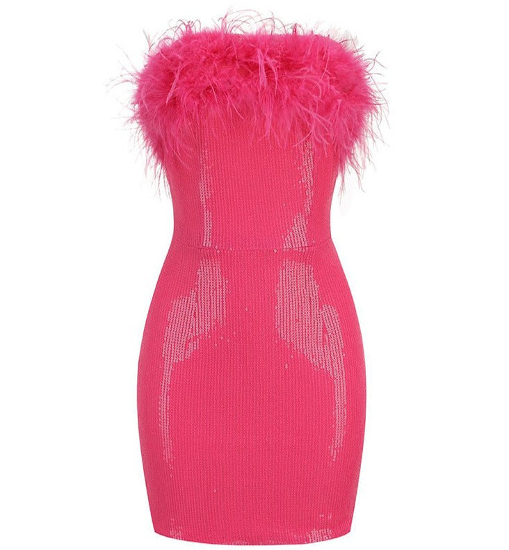 Pink Faux Fur Stitching Sequins Mini Dress