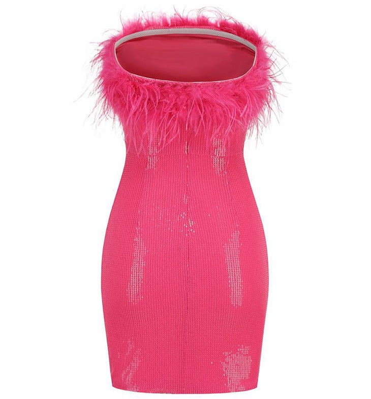 Pink Faux Fur Stitching Sequins Mini Dress